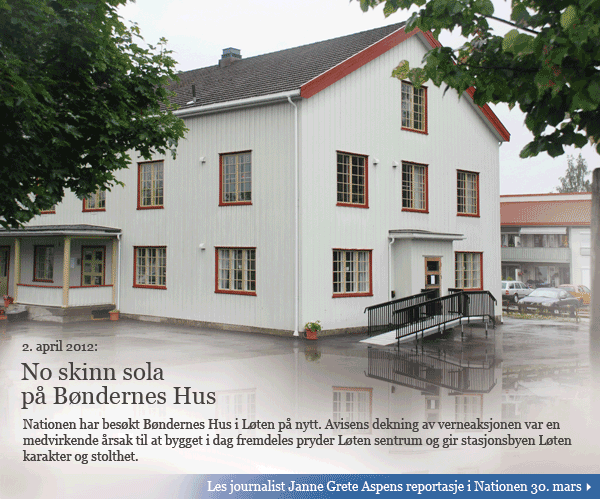 Bildeingress: Foto av Bøndernes Hus i Løten og ingress som henviser til pdf fra avisen. Klikk for å lese pdf.