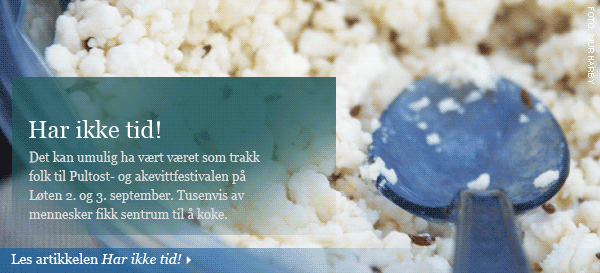 Foto: Sjur Harby. Klikk for å lese Har ikke tid! Bildeingress: Nærbilde av pultost. Klikk på bildet for å lese artikkelen. (Ingressen på bildet finnes i teksten.)