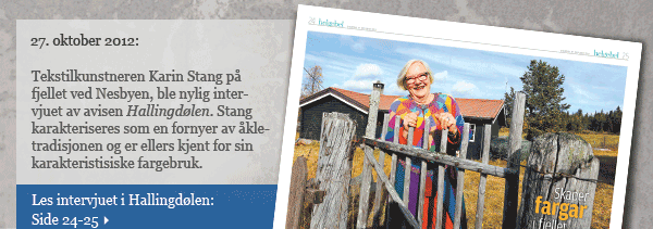 Bildeingress: Tekstilkunstneren Karin Stang på fjellet ved Nesbyen,ble nylig intervjuet av avisen Hallingdølen. Stang karakteriseres som en fornyer av åkletradisjonen og er ellers kjent for sin karakteristisiske fargebruk.
